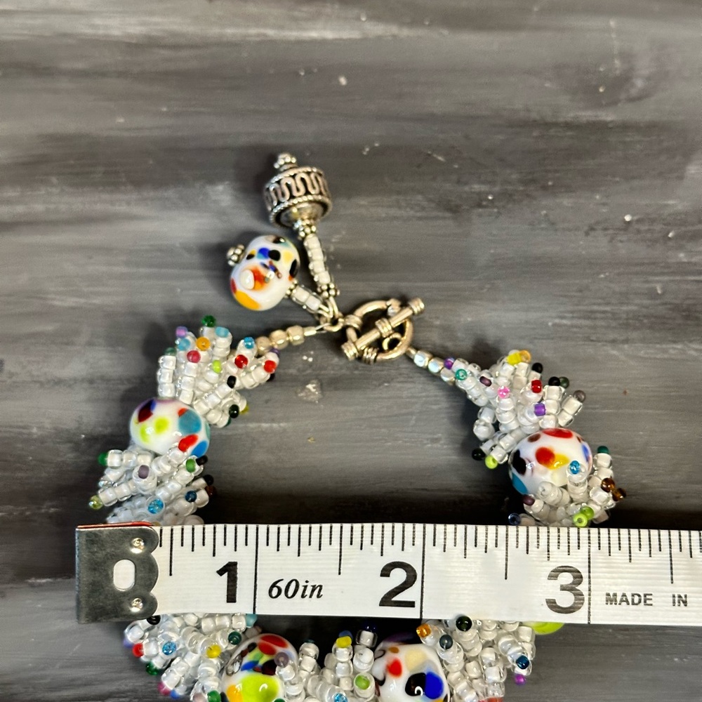 Artisan hand crafted multi colored art glass bead confetti bracelet silver clasp - Picture 9 of 11